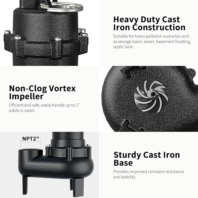 LANCHEZ 1HP 6600 GPH Submersible Sewage Pump, Heavy Duty Cast Iron Effluent Pump with Automatic Tethered Float Switch, Sump Pump for Sump Basin, Basement, Residential, 2" NPT Discharge