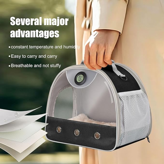 Bearded Dragon Carrier, Reptile Travel Bag with Built-in Thermometer Hygrometer, Breathable Small Animal Carrier with Clear View Window, Portable Lizard Habitat for Ball Python