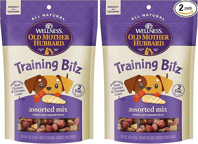 Old Mother Hubbard Wellness Training Bitz Assorted Mix Dog Biscuits,Natural,Training Treats,Three Flavors,Small Size,(8 Ounce Bag),(Pack of 2)