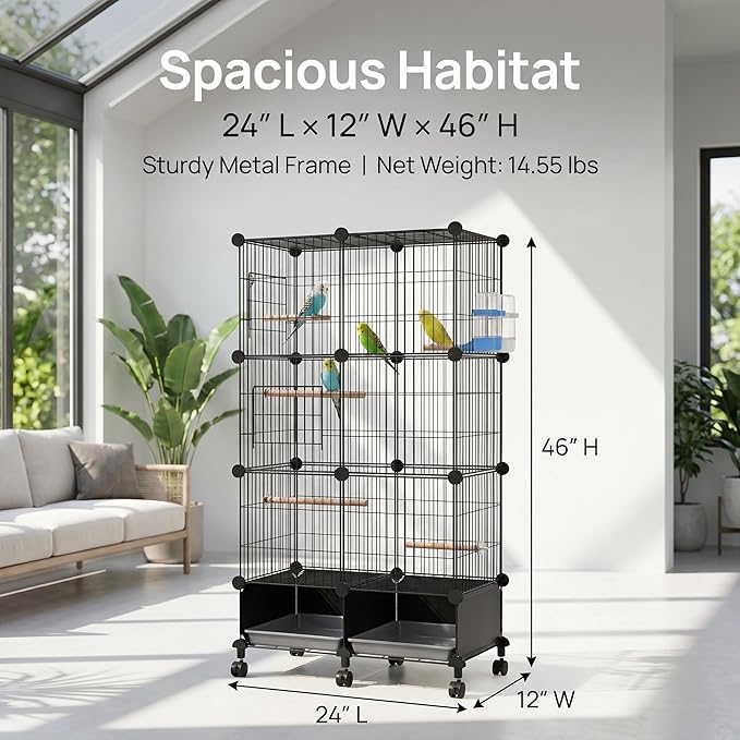 Large Bird Cage with Rolling Stand, 46x24x12 Inch Flight Cage for Parakeets, Cockatiels, Conures, Metal Wire Cage with Wooden Perches, Feeders, Wheels, Black