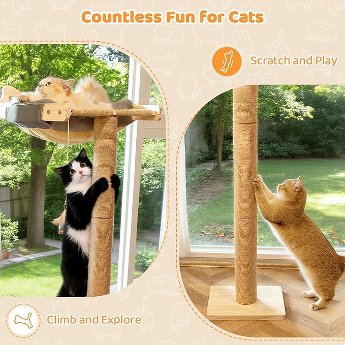 Cat Window Perch Hammock with 3-Piece Detachable Sisal Scratching Posts, Gray Fluffy Cusion, Drill-Free Suction Cup Mount, Multi-Level Climbing Perch for Bird Watching, 45 LBS Capacity