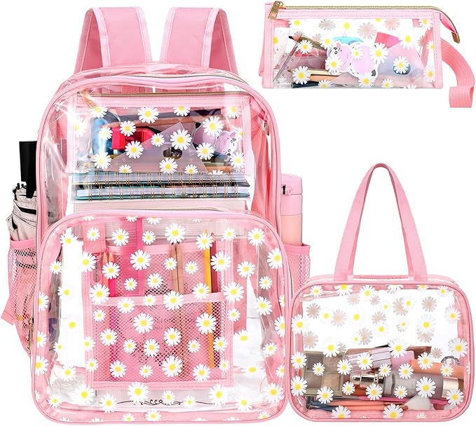 Kacctyen 3 Pcs Clear Backpack Heavy Duty Clear Stadium Bag Transparent Backpack with Lunch Bag(Pink,Daisy)