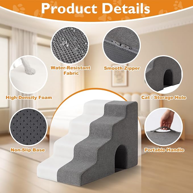 Dog Stairs for Bed 19.5’’ H, 4-Step Dog Steps for High Bed, Pet Stairs for Small Dogs and Cats to Get on Beds, Couch, Non-Slip Balanced Pet Steps and Ramp with Waterproof Cover and Tunnel, Grey