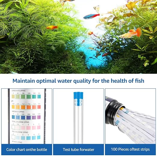 100Pcs Aquarium Test Strips, Water Testing Strips for Carbonate Root 7 in 1 Fish Tank Test Kit pH Hardness Total Chlorine Free Chlorine Nitrate Nitrite with Test Tube Fast Accurate Aquarium