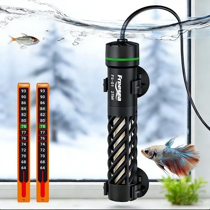 FREESEA Aquarium Heater for Fish Tank: Stable Temperature Maintains 78°F | 25W Worry-Free Heating via Dry Run Protection for 1–5 gal Betta Turtle & Saltwater Tank