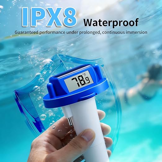 Pool Thermometer Floating, Digital Swimming Pool Thermometer, IPX8 Waterproof with Double Sided Display for Pond, Hot Tub, Aquarium (Solar Powered, Dark Blue)