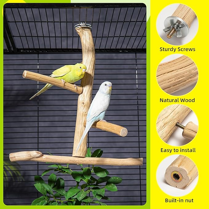 Natural Wood Bird Perch for Top of Cage, Cage Top Perch Play Stand for Parakeets, Cockatiels, Lovebirds and Small Conures, Multi-Level Training Branch for Small Medium Birds