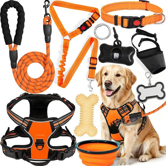 No Pull Dog Harness Adjustable Collar & Leash Set - Dog Halter Harnesses Collapsible Bowls & Poop Bag Dispenser Muzzle ID Tags Toys Fits Small Medium Large Dogs (Orange-L)