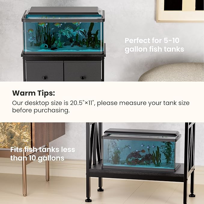 TRZZ Fish Tank Stand for 5-10 Gal, Heavy Duty Cabinet, Black, 20.47"x11.02" | Dual-Tiered Cabinet, Accessory Storage, Viewing Experience, Home & Office, Aquarium Stand