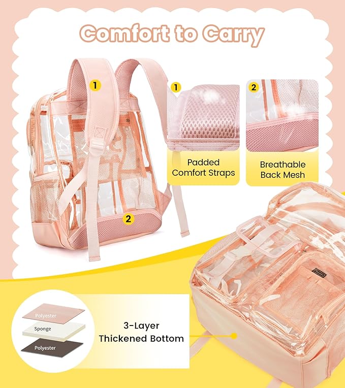 Vorspack Clear Backpack for School - Heavy Duty Transparent Bookbag for Girls Boys Large See Through backpacks for Work, College, Travel - Pink