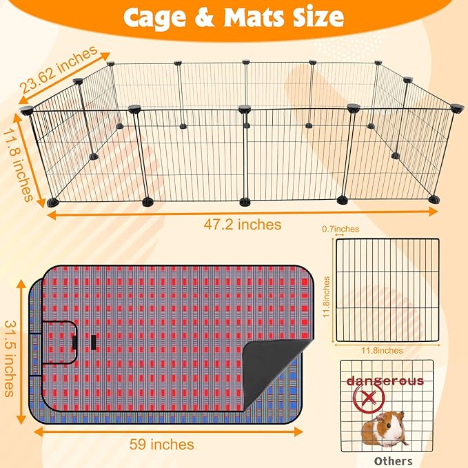 FHTONGE Large Guinea Pig Cage Habitat with 2 Pcs Waterproof Bedding, 8Sq Ft Guinea Pig Playpen with Mat, Metal Small Animal Playpen with Mat for Hamster Hedgehog Dwarf Rabbit (12 x Cage Panels)