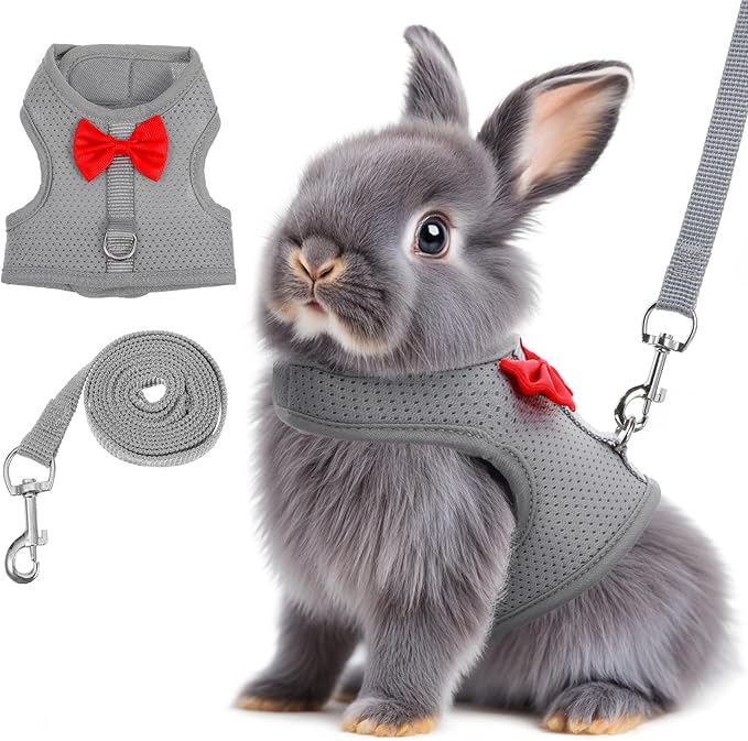 Rabbit Harness and Leash Set,Bunny Leash for Walking Escape Proof,Bunny Clothes with Cute Bow Mesh Breathable Adjustable Vest Rabbit Harness Camping Hiking Training for Ferret Kitten Puppy (Grey M)
