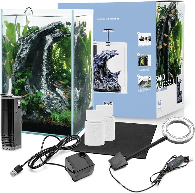 Sand Waterfall Tank Kit - Silent Operation Falling Sand Fish Tank w/LED Light and Self Cleaning Filtration - Desktop Rimless Starter Aquarium Kit, Just Add Plants - 9.51GAL | 36L (A2)
