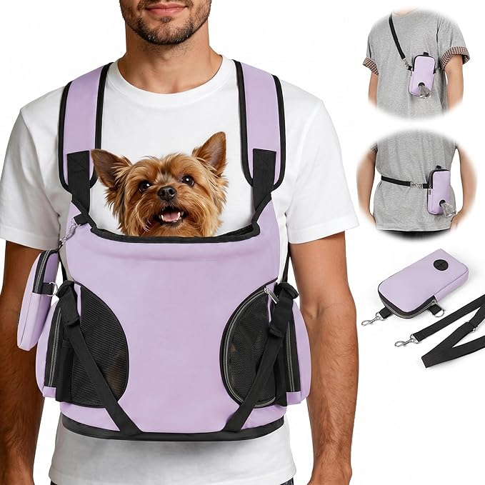 YUDODO Dog Front Backpack Carrier 5-15 lbs, Soft Breathable Pet Front Facing Carrier with Adjustable Straps, Multi-Pocket Design, for Small Dogs & Cats (with Detachable Sling Pouch - Purple)