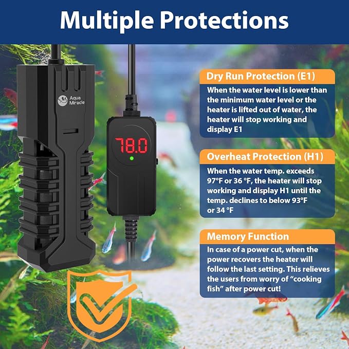 AquaMiracle Submersible Aquarium Heater with LED Digital Temp Display, Fish Tank Heater with Dry-Run & Over-Temp Protection, for Freshwater Saltwater Aquariums(50W/5-10Gal)