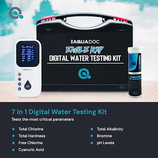 AquaDoc Eagle Ray Digital Water Test Kit for Pool & Spa with 30 Test Strips | Includes a Digital Water Tester and Hot Tub Test Strips for pH, Chlorine, Bromine, Alkalinity, Hardness And Cyanuric Acid