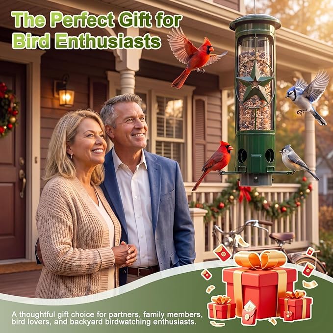 Squirrel Proof Bird Feeders for Outdoors Hanging, Metal Squirrel Proof Bird Feeder with Gravity Protection, 3LB Large Capacity Wild Bird Feeders for Outside Finch, Cardinal, Blue Jay (Green)