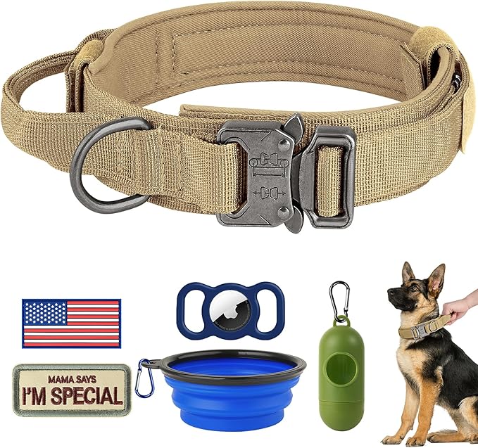 HYDEME Tactical Dog Collar Adjustable Nylon Collar with Control Handle and Heavy Metal Buckle for Medium and Large Dogs, with Patches&Airtags Case&Poop Bag Dispenser&Portable Bowl. (M, Brown)