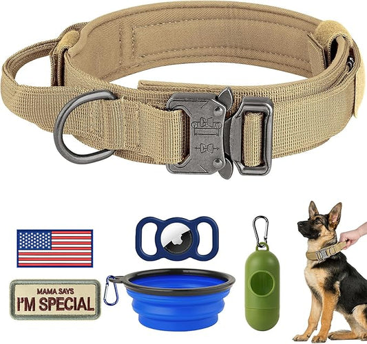 HYDEME Tactical Dog Collar Adjustable Nylon Collar with Control Handle and Heavy Metal Buckle for Medium and Large Dogs, with Patches&Airtags Case&Poop Bag Dispenser&Portable Bowl. (M, Brown)
