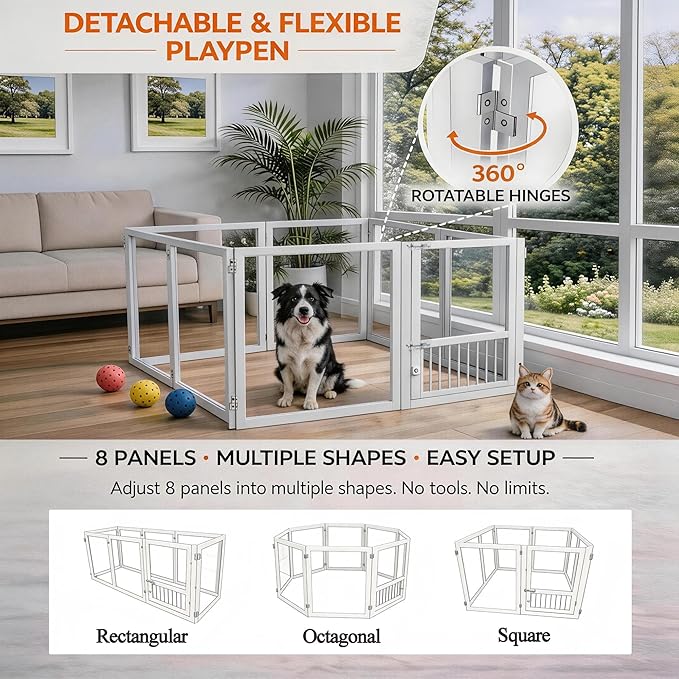 Acrylic Dog Playpen with Door, 27.9“ Height, Heavy Duty Clear Pet Pen, Dog Fence Crate Kennel Whelping Cage, Ideal for Small to Medium Dogs, Cats, and Other Small Pets (White)