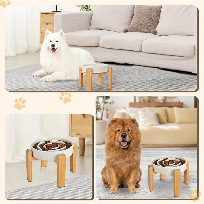 Elevated Slow Feeder Dog Bowl Large Breed, 8.4 Inch Ceramic Slow Eating Bowl with Bamboo Stand, Anti-Choking Raised Maze Design for Medium to Large Dogs, 3.2 Cup, Milky White