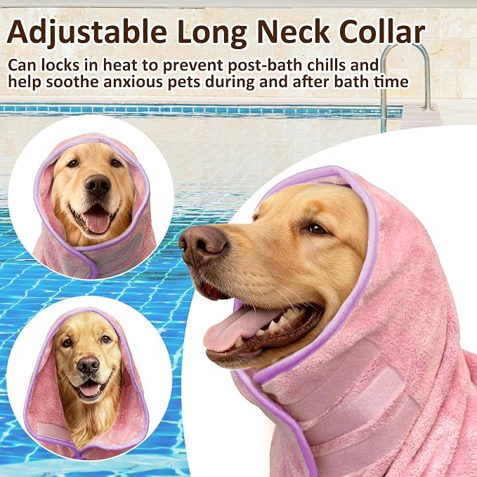 Soft Dog Bathrobe Fast Drying Dog Coat, Super Absorbent Dog Towels for After Bath, Microfiber Pet Robe Adjustable Collar & Belly Warm Keeping Dogs Coat for Pet Dogs & Cats (Pink, Large)