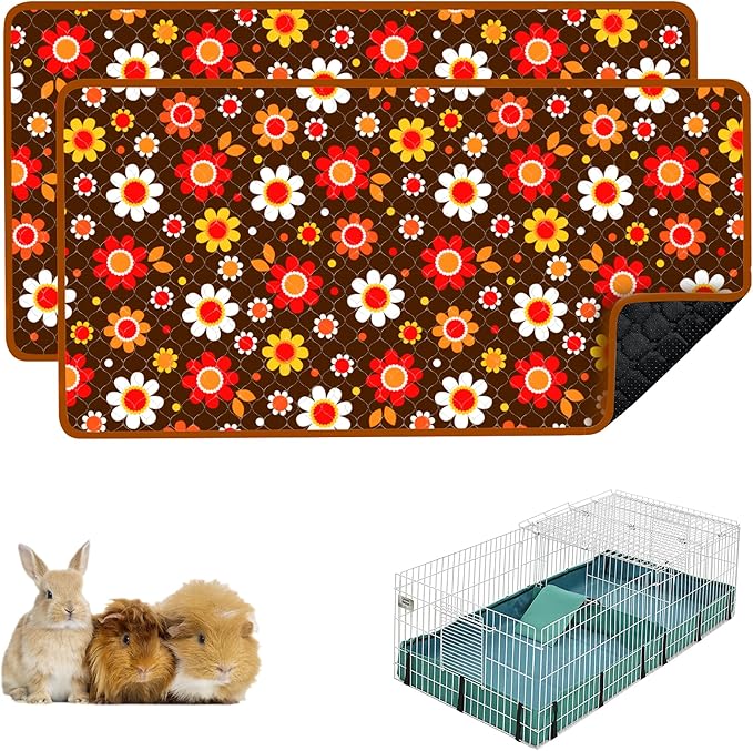 Guinea Pig Bedding, 49x24in 2 Pack Washable Guinea Pig Cage Liners, Waterproof Reusable & Anti Slip, Super Absorbent Guinea Pig Pee Pad for Midwest Cage, Small Animal, Rabbit, Bunny, Brown Flower