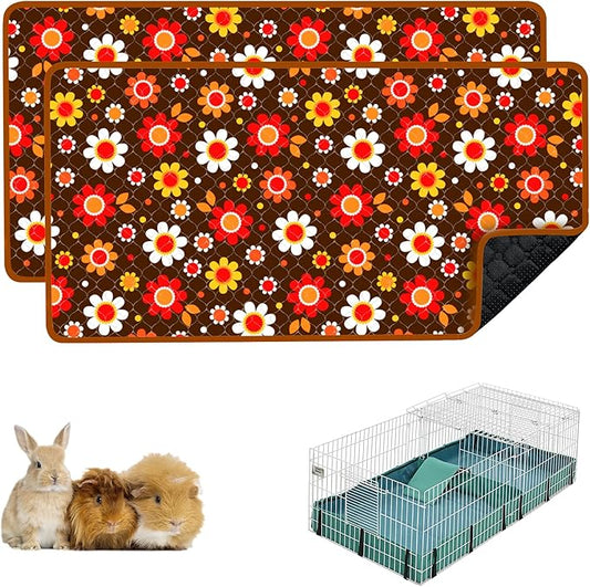Guinea Pig Bedding, 49x24in 2 Pack Washable Guinea Pig Cage Liners, Waterproof Reusable & Anti Slip, Super Absorbent Guinea Pig Pee Pad for Midwest Cage, Small Animal, Rabbit, Bunny, Brown Flower