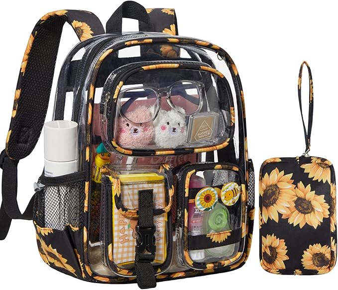 Mini Clear Backpack for Stadium Approved 12x6x12, Small Transparent Backpacks Plastic See Through Clear Bag for Kids Girls Women for Sporting Event, Concerts, Work, Festival (Sunflower)