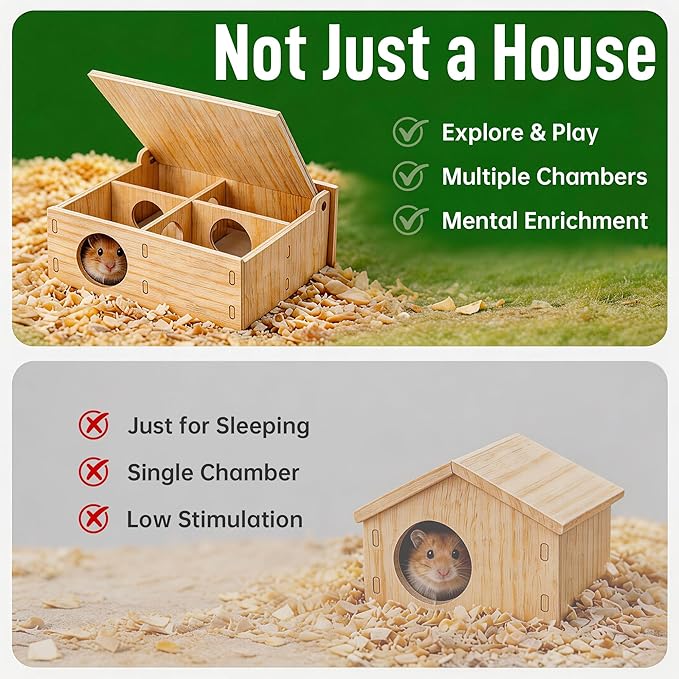 Hamster Tunnel Hideout Wooden House with Flip Cover, Small Pet Hamster Hideout Play Tunnel for Hamsters Mice Gerbils, Natural Wood Hamster House for Cage Explore Hide Rest