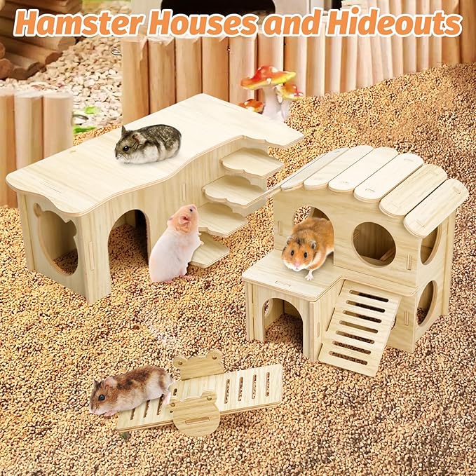 BNOSDM Hamster Tunnel Hideout Set, Wooden Hamster House Toy with Slide & Seesaw, Small Animals Cage Accessories for Syrian Dwarf Hamsters, Gerbils