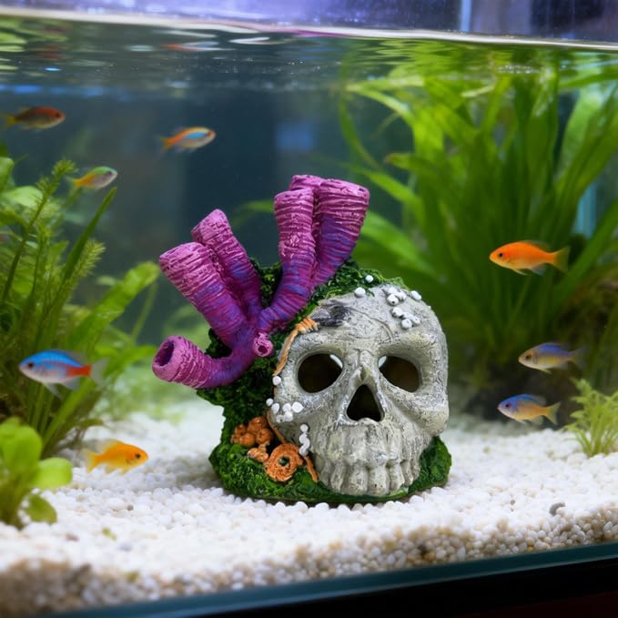 Skull Aquarium Hideout with Coral – Betta Fish Tank Decorations, Shrimp Cave & Small Fish Hideaway, Resin Underwater Skull Decor for Freshwater Aquarium