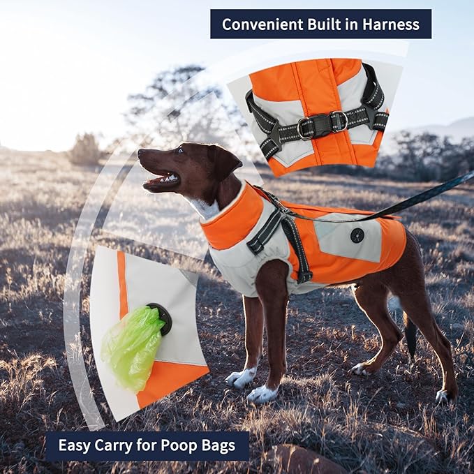 IECOii Warm Small Dog Coat Harness with D Ring -Orange,Small- Zip Small Dog Jacket Winter Reflective, Fleece Lined Dogs Snowsuit Snow Jacket,Pet Clothes for Small Dogs Yorkshire Terrier Bichon Shih