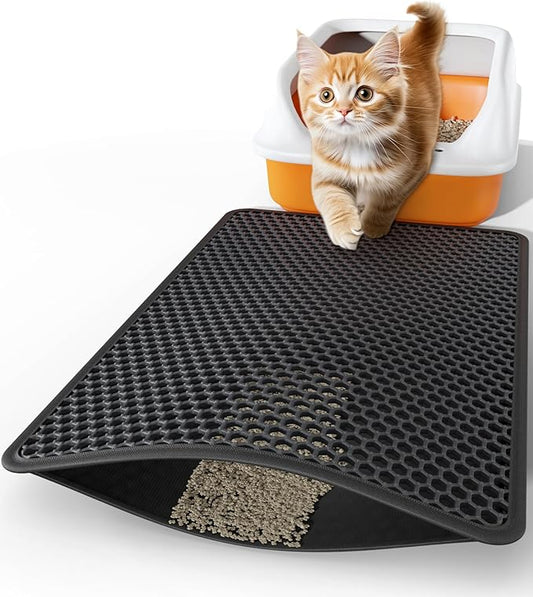 Powools Cat Litter Mat - 23.2" x 14.6" Small Litter Box Mat with Double Layers, Urine-Proof and Non-Slip Litter Trapping Mat, Easy to Clean Kitty Litter Mats for Floor, Scatter Control, Black