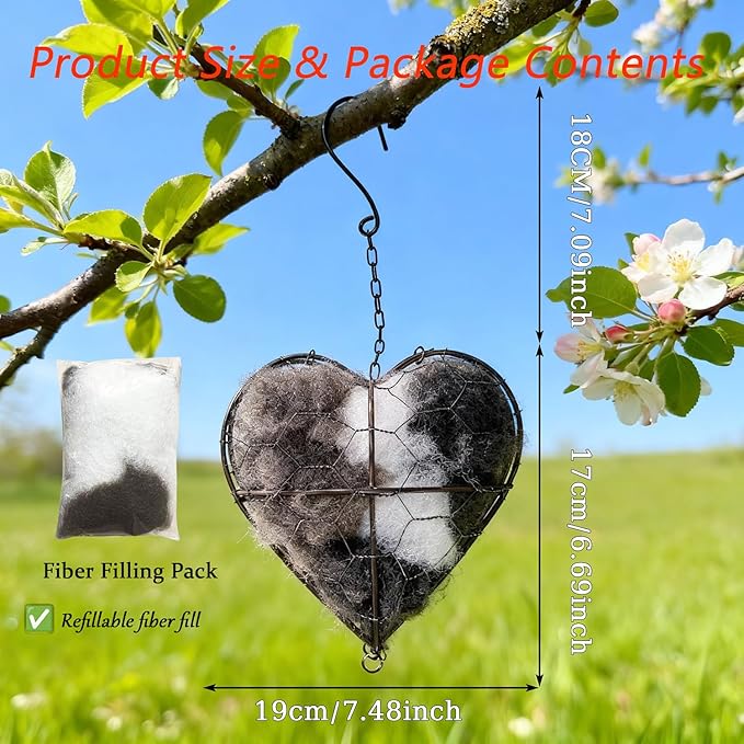 Handmade Fiber Bird Nesting Heart with Filler Pack, Winter Shelter & Decorative Garden Gift for Hummingbirds and Wild Birds