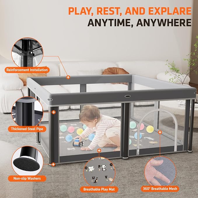 Foldable Baby Playpen with Mat,50"×50" Collapsible Playard for Babies and Toddlers,Indoor&Outdoor Kids Safety Play Pen,Portable Travel Playpen ‌with Travel Pack and 30 Ocean Balls