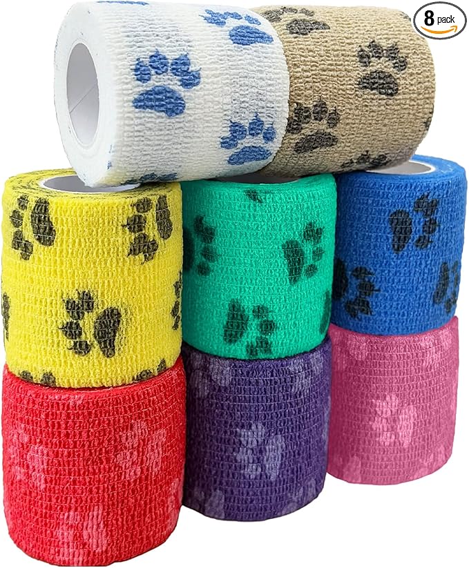 2 Inch Self Adhesive Bandage Vet, First Aid for Dogs Cats Horses, Great for Paws, Legs & Tails, Individually Wrapped, 8 Rolls, Daybreak Paw