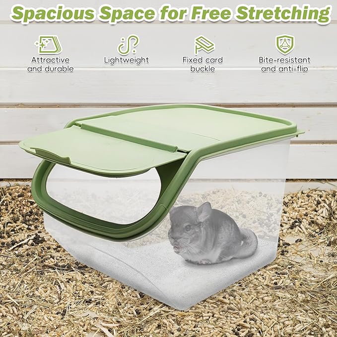 PINVNBY Chinchilla Sand Bath Box Gerbil Transparent Bathroom Chinchillas Plastic Dust Bath House with Sand Cup for Guinea Pig Hedgehog Squirrel and Other Small Animals(Green
