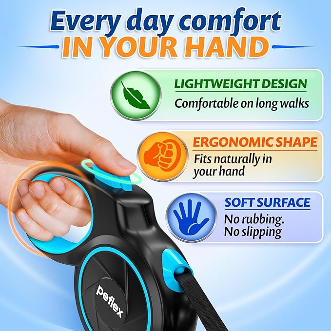 16.4 ft Retractable Dog Leash for Dogs 10–120 lbs - Heavy Duty Tape Leash with Strong Nylon Tape - 360° Swivel Control - One-Click Brake & Lock - Ergonomic Non-Slip Grip for Safe & Easy Daily Walks