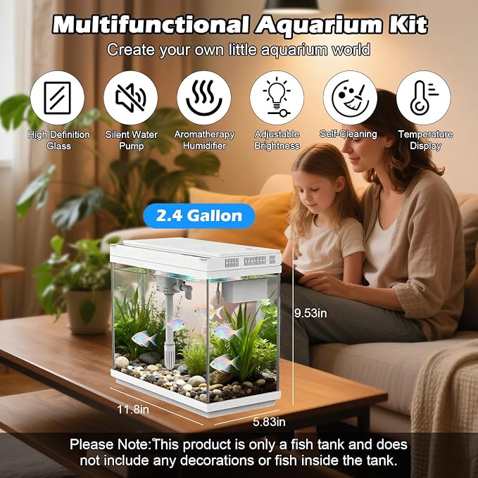 Smart Aquarium Fish Tank with Silent Water Pump, 2.4 Gallon Small Aquarium with Quick Start Kit, Temperature Display, Humidifier and RGB Lights, Perfect for Home, Office, and Decor, White