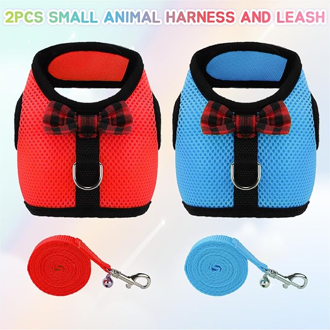 Rypet Small Animal Harness and Leash - Soft Mesh Pet Harness with Safe Bell, No Pull Comfort Padded Vest for Small Pet Red+Blue S