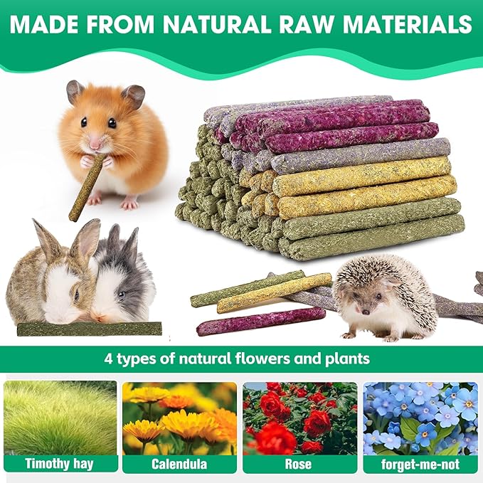 Jorewood 33 Pcs Rabbit Chew Sticks, Rabbit, Guinea Pig Toys, Natural Timothy Grass Molar Teeth Stick, Mixing Flowers Chewing Toy, Small Animals Treats