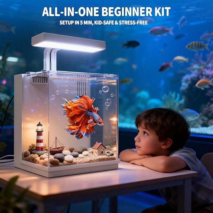 AQUASMITH Betta Fish Tank, 2 Gallon All-in-One Aquarium Kit with Filtration & LED Light, Self-Cleaning Aquarium for Beginners, Kids, Gifts for Men, Teen Boys