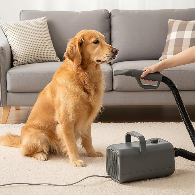 NEWBULIG Dog Hair Dryer, 1550W High Velocity Pet Blow Dryer with Heater for Grooming, Speed Temperature Adjustable Dog Blower Grooming Dryer with 4 Nozzles, Grey