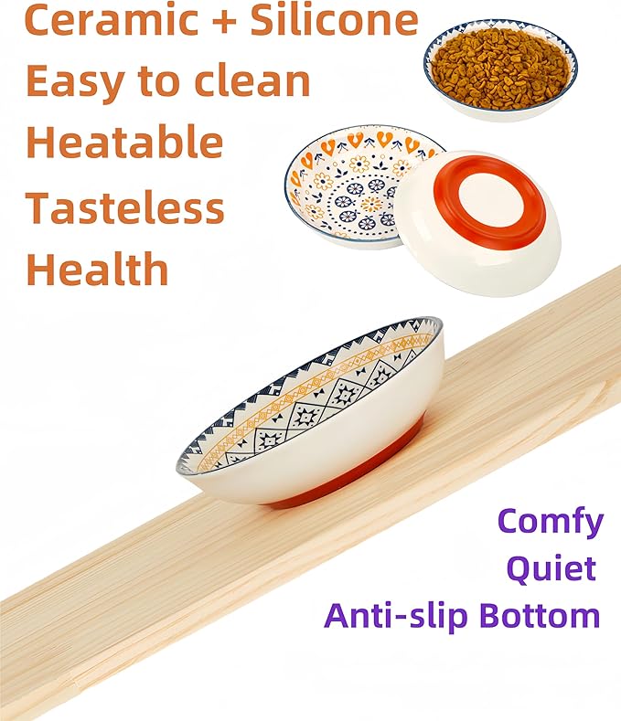 Whisker Fatigue Cat Bowls, Non-Slip Ceramic Cat Food Bowl, Shallow Wide Cats Dishes Whisker Friendly, 3-Pack, 8oz, Boho Pattern, Dishwasher & Microwave Safe