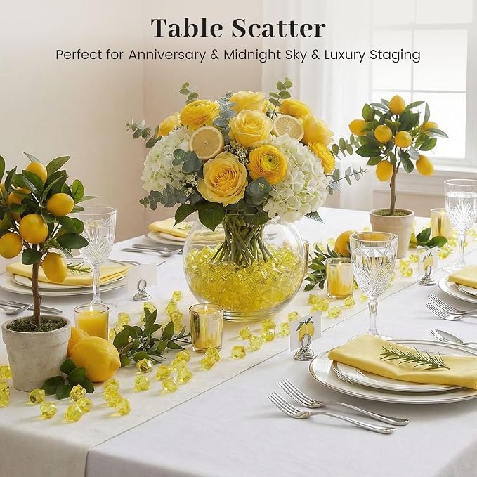 DomeStar Yellow Fake Ice Rocks, 150 PCS Acrylic Crystal for Vase Fillers | Fake Diamonds for Table Centerpieces Birthday Party Decor, Fish Tanks Decor Table Scatter DIY Craft Supplies