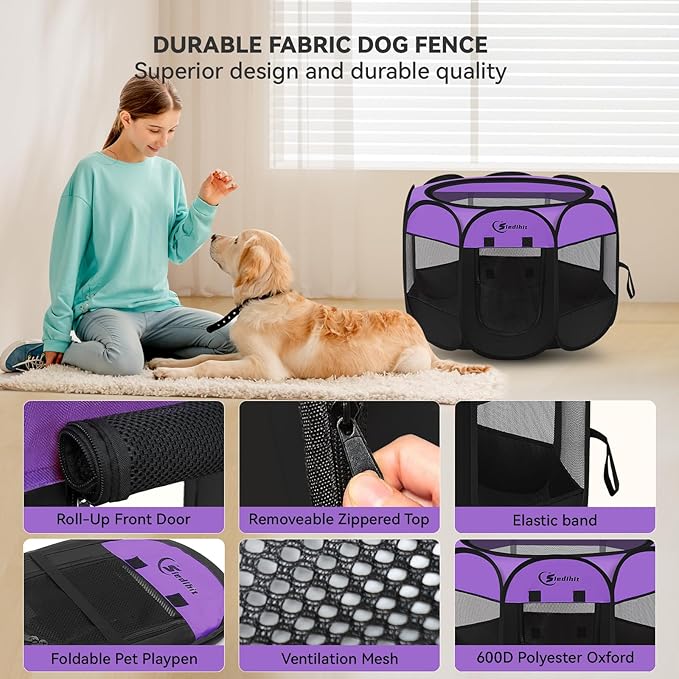Siedihit Large Dog Playpen, Puppy Pet Playpen Indoor, Dogs Tent Crates Cage Indoor/Outdoor, Portable Pop Up Dog Kennel Playpen with Carrying Case for Dogs/Cats/Rabbits, Purple