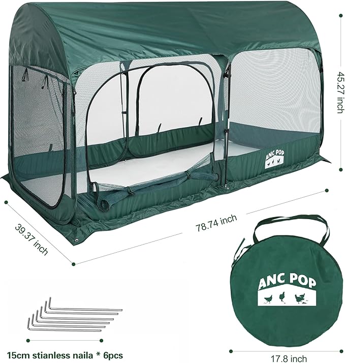 ANC POP Portable Chicken Run Large Pop-Up Chicken Pen for Small Animals Outdoor Gardening Net with 3 Doors and Handbag, Easy to Install and Storage, Green