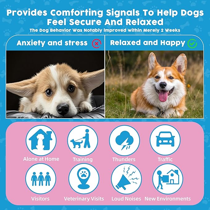 Dog Calming Diffuser for Dog Anxiety Relief, Dog Pheromones Calming Diffuser, Pheromone for Dogs to Reduce Stress, Calming Diffusers for Dogs to Stop Peeing(2 Refills 2 Diffusers)