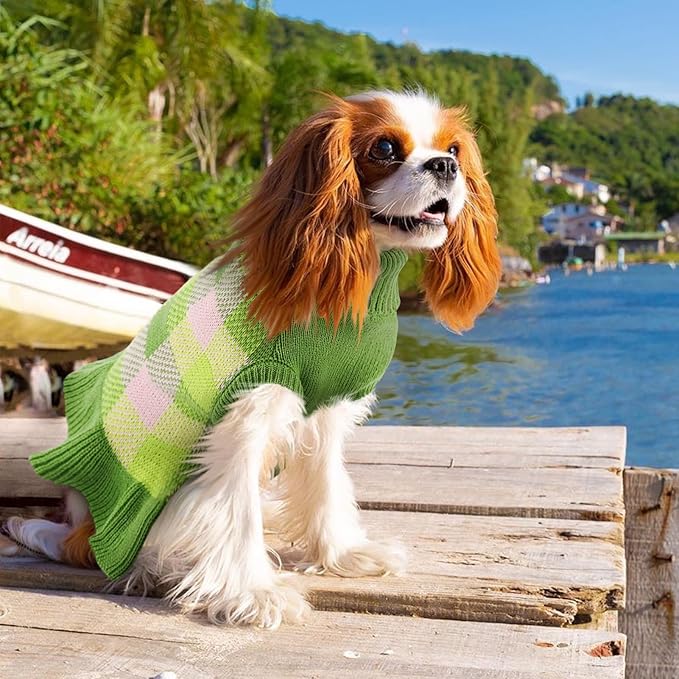 Dog Sweater Dress Plaid Knitwear for Small Medium Dogs Warm Puppy Pet Turtleneck Stretch Pullover Cute Fall Winter Vest Clothes with Leash Hole for Christmas (Green, M)
